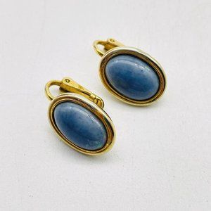 Denim Blue Oval Earrings Pierced Gold Tone Classic Career Cosplay LARP